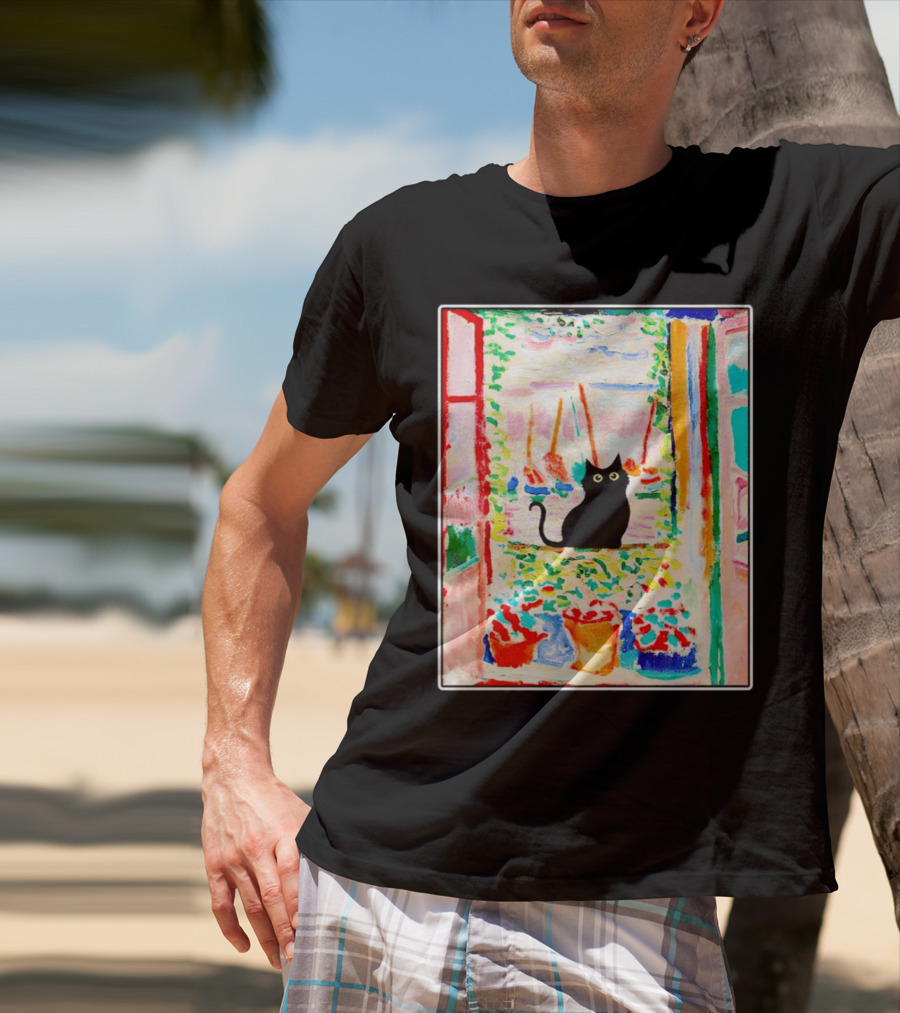 Black Cat In Vibrant Open Window Scene With Colorful T-Shirt