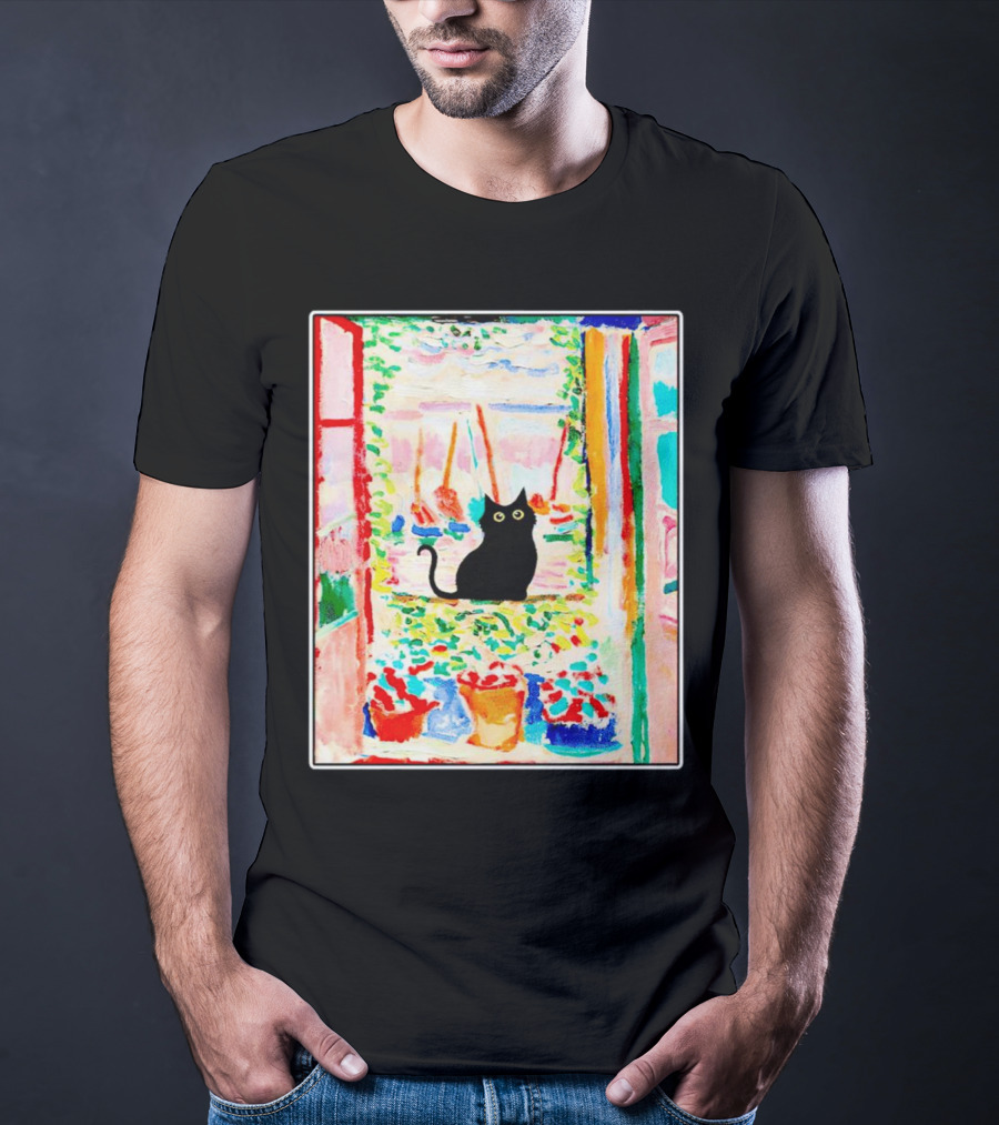 Black Cat In Vibrant Open Window Scene With Colorful T-Shirt