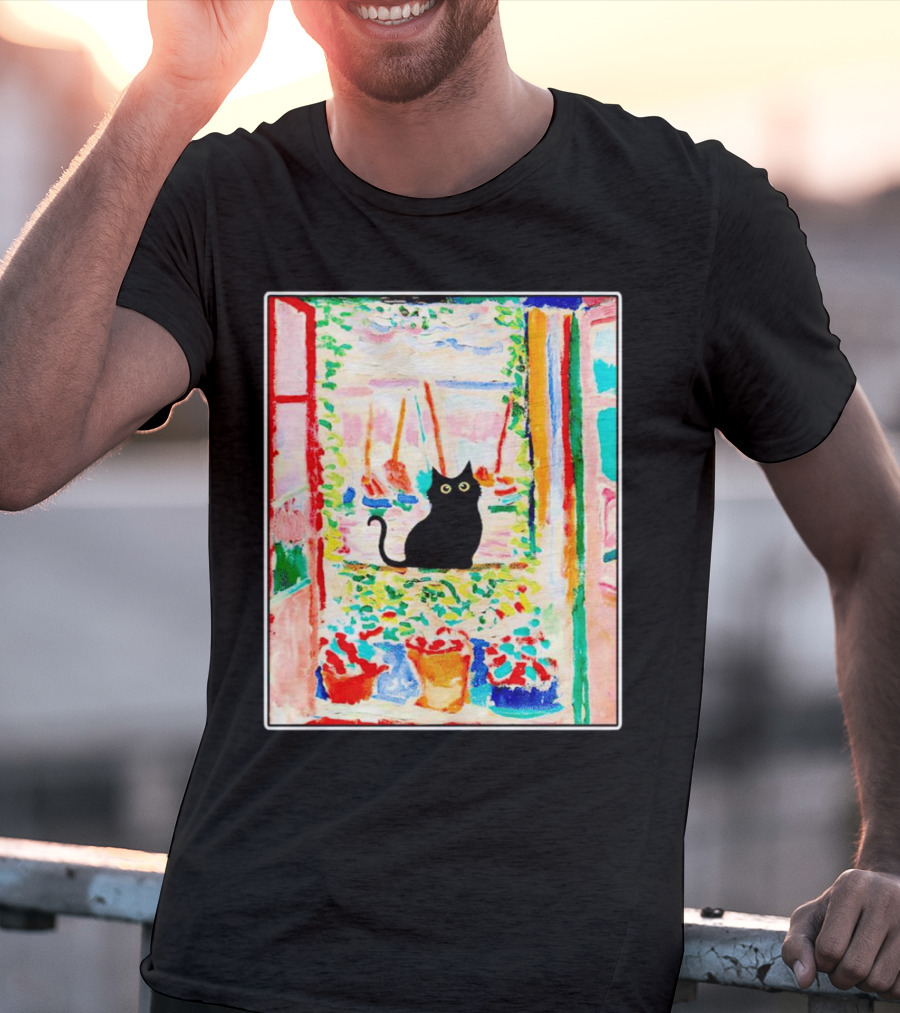 Black Cat In Vibrant Open Window Scene With Colorful T-Shirt