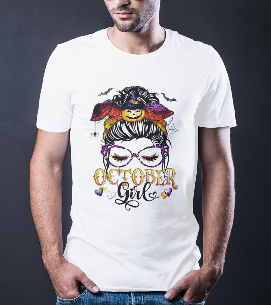 Messy Bun Pumpkin Witch Hat Spider Bats Glasses October Girl Halloween T-Shirt
