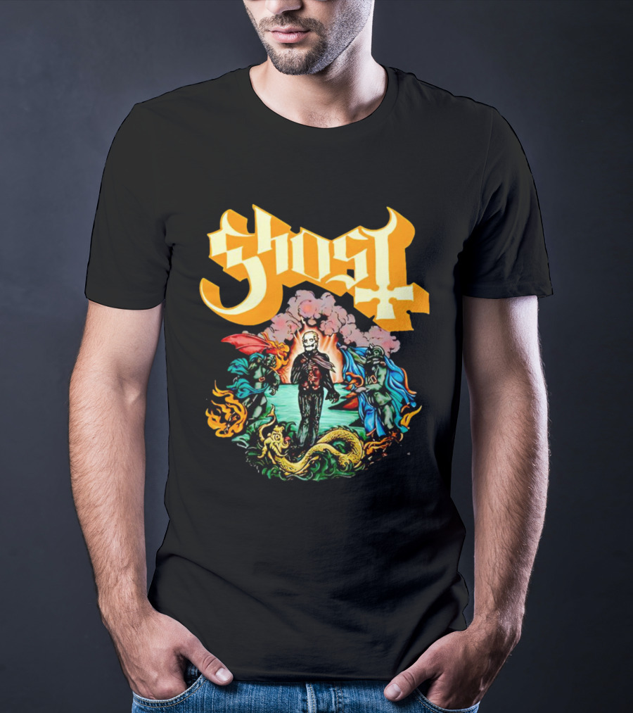 Ghost Skeleton Surrounded By Demons Artwork Halloween T-Shirt