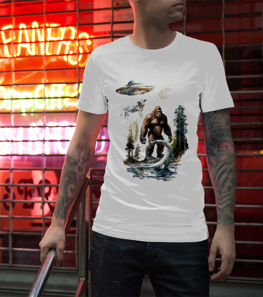 UFO Bigfoot Sasquatch Loch Ness Monster Alien Forest Scene T-Shirt