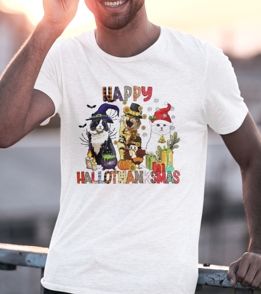 Happy Hallothanksmas Cats In Witch, Pilgrim, And Santa Hats With Pumpkins Presents And Cauldron T-Shirt