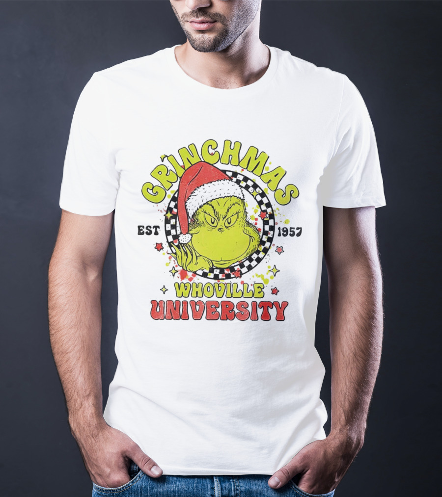 Grinchmas Whoville University Est 1957 Christmas Grinch Santa Hat T-Shirt