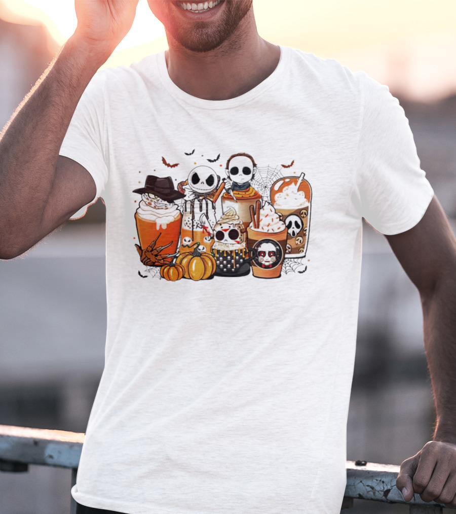 Halloween Cup Horror Funny Character Fall Pumpkin Latte Icons T-Shirt
