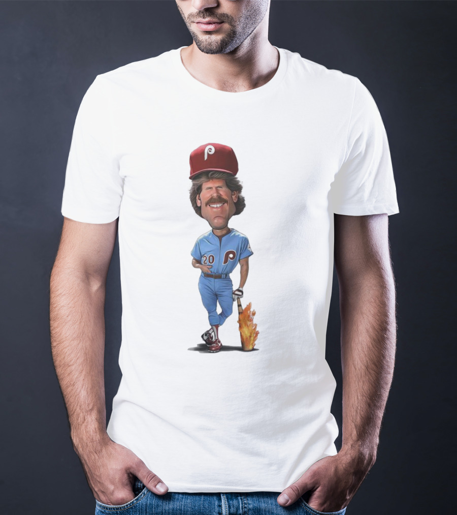 Mike Schmidt Number 20 Philadelphia Phillies Caricature With Flaming Bat T-Shirt