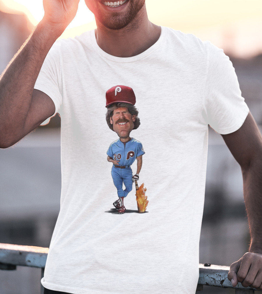 Mike Schmidt Number 20 Philadelphia Phillies Caricature With Flaming Bat T-Shirt