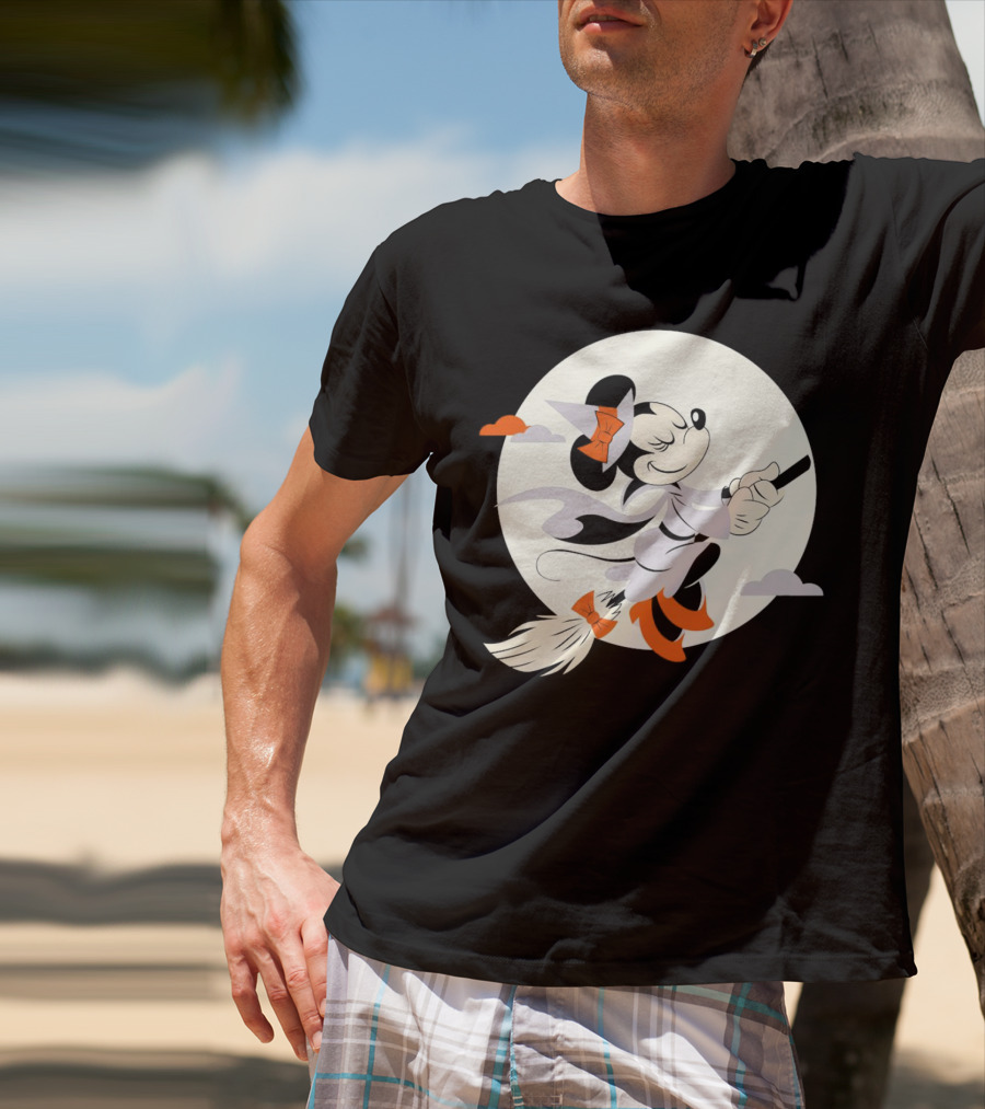 Minnie Mouse Witch Flying On Broomstick Halloween Full Moon T-Shirt