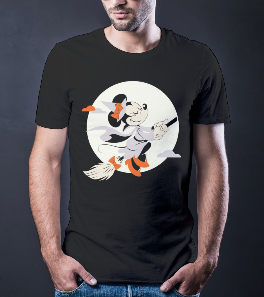 Minnie Mouse Witch Flying On Broomstick Halloween Full Moon T-Shirt