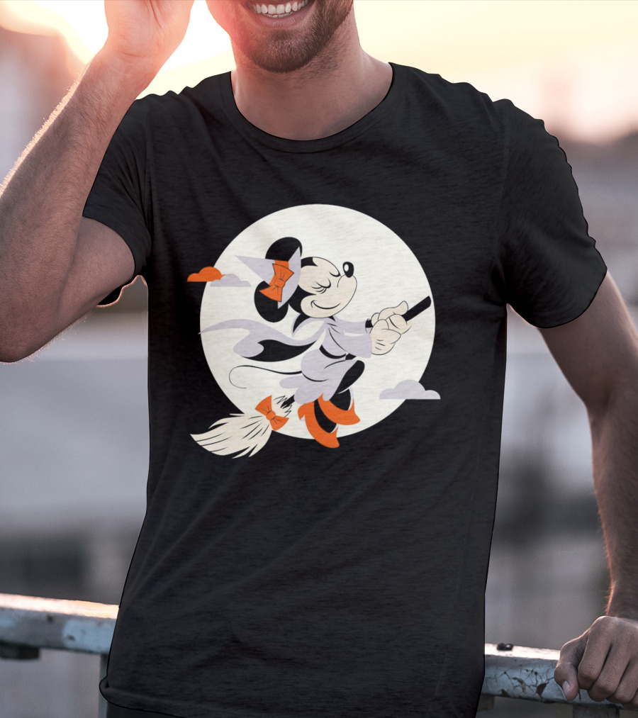 Minnie Mouse Witch Flying On Broomstick Halloween Full Moon T-Shirt