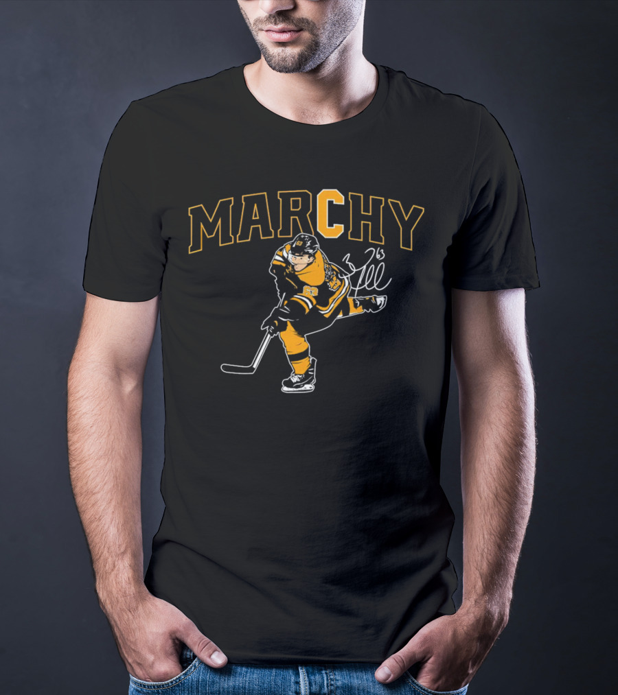 Marchy Brad Marchand 63 Boston Bruins Hockey Signature T-Shirt