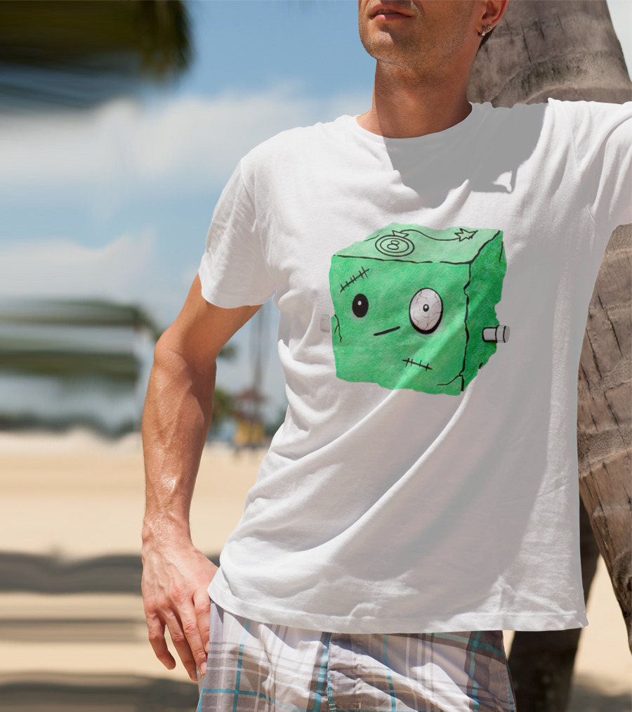 Franken Frankie Eight-Ball Cube Monster Stitched Green Block T-Shirt