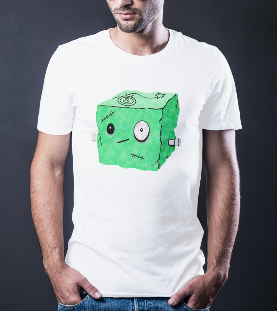 Franken Frankie Eight-Ball Cube Monster Stitched Green Block T-Shirt