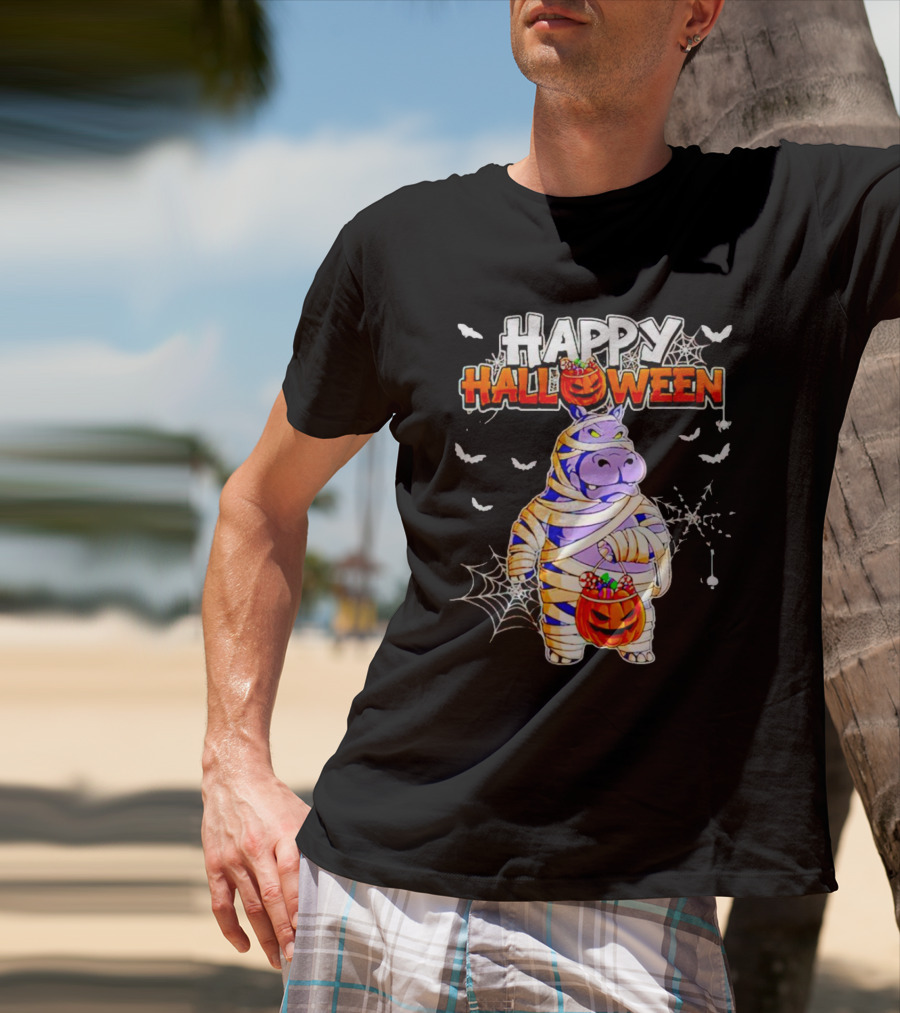 Hippopotamus Mummy With Pumpkin Candy Bucket Happy Halloween T-Shirt