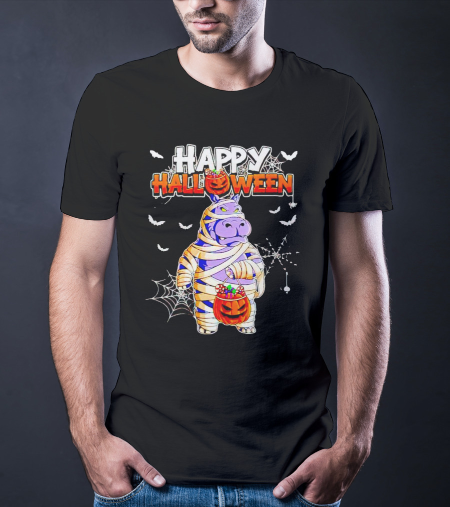 Hippopotamus Mummy With Pumpkin Candy Bucket Happy Halloween T-Shirt