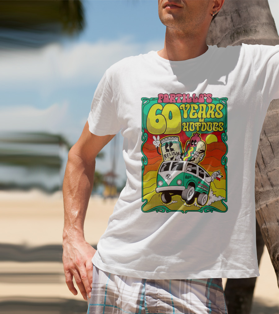 Portillo’s 60 Years Of Hotdogs Relish Relish Road Trip Cartoon Van Adventure T-Shirt