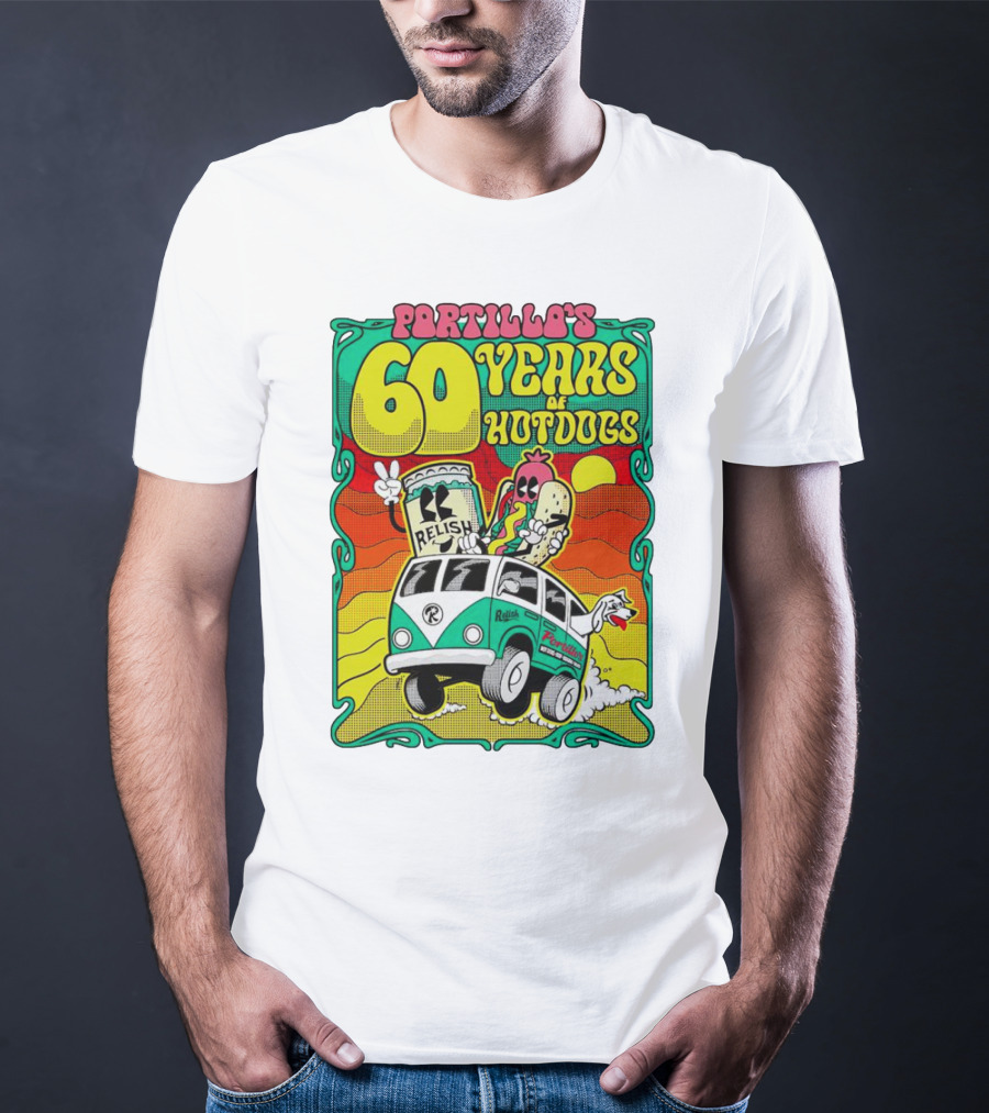 Portillo’s 60 Years Of Hotdogs Relish Relish Road Trip Cartoon Van Adventure T-Shirt