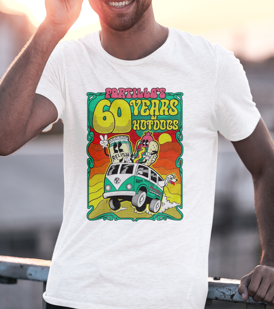 Portillo’s 60 Years Of Hotdogs Relish Relish Road Trip Cartoon Van Adventure T-Shirt