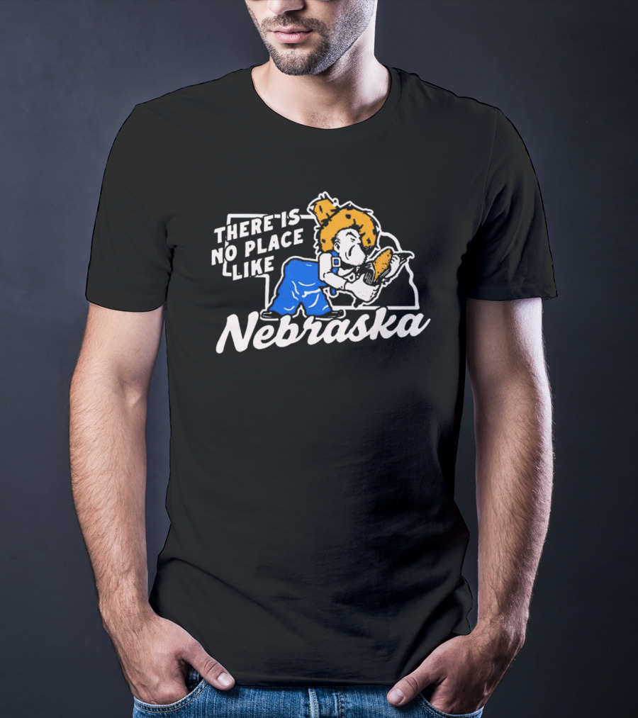 There Is No Place Like Nebraska Cornhuskers Farmer Mascot Eating Corn T-Shirt
