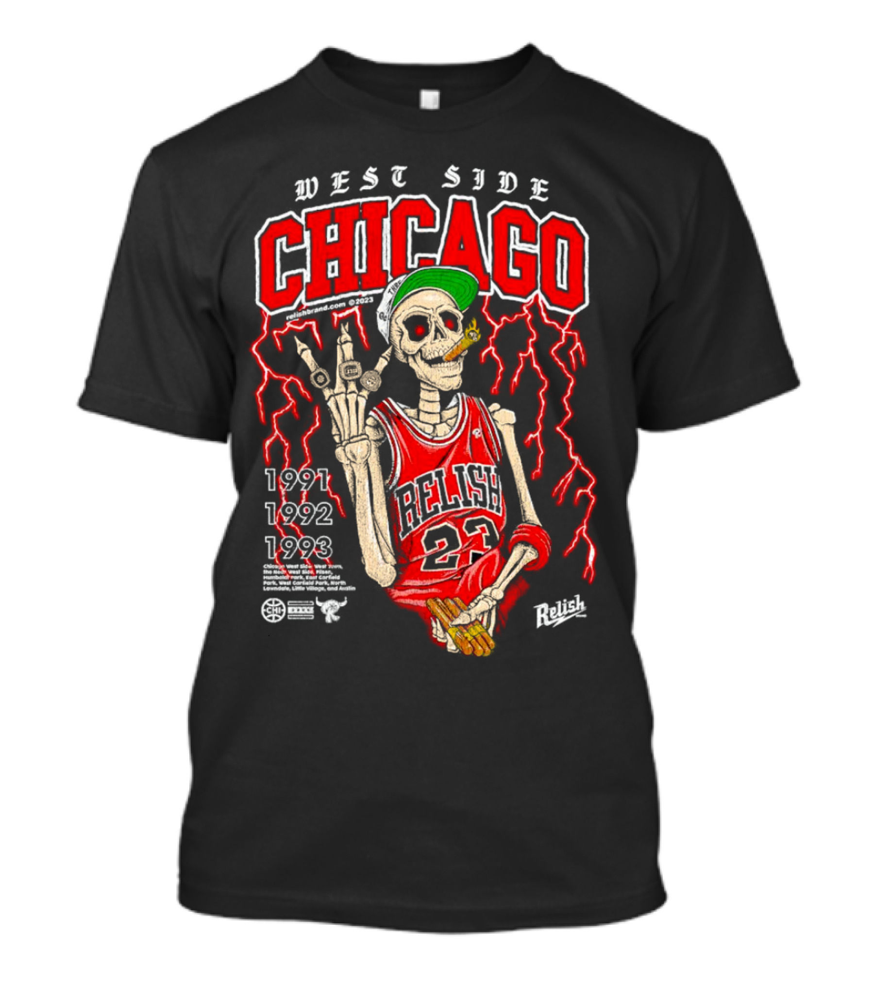 West Side Chicago 1991 1992 1993 Relish 23 Basketball Skeleton T-Shirt