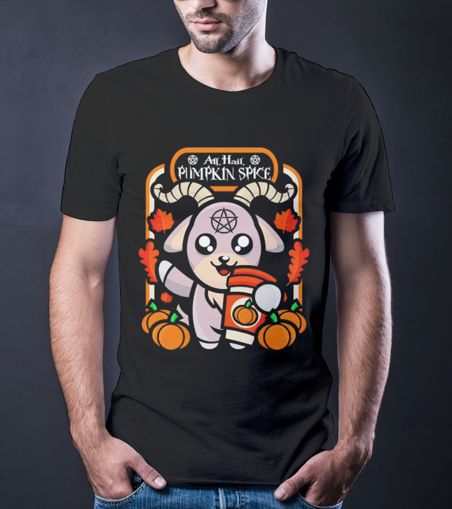 All Hail Pumpkin Spice Halloween Goat With Coffee, Pumpkins, And Pentagram T-Shirt