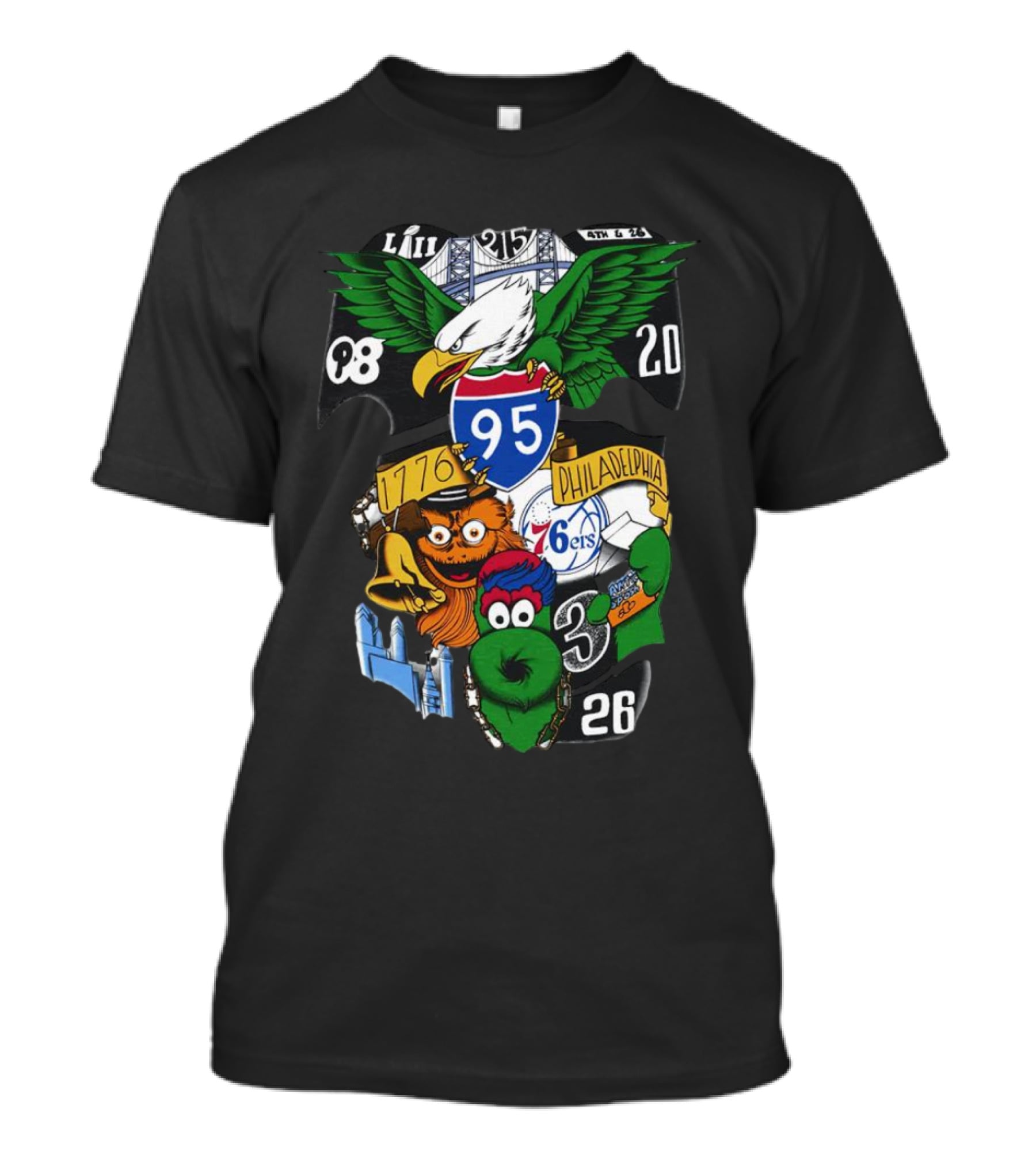 Philadelphia 76ers Eagles 76ers Mascots 1776 I-95 LIII 93 20 3 26 T-Shirt