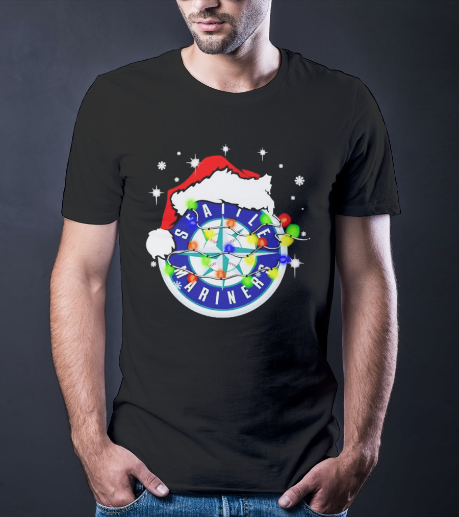 Santa Hat Seattle Mariners Christmas Lights Snowflakes T-Shirt
