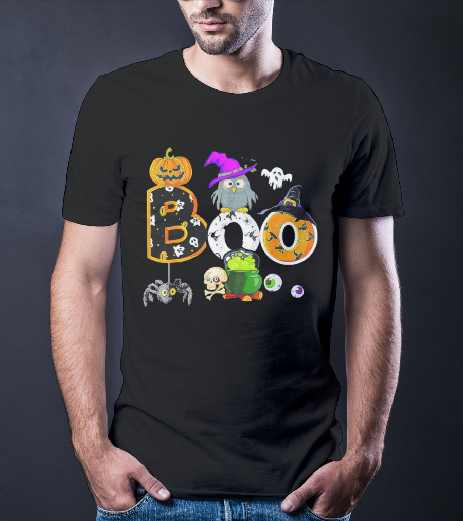 Boo Pumpkin Ghost Skull Owl Spider Witch Hat Cauldron Halloween T-Shirt