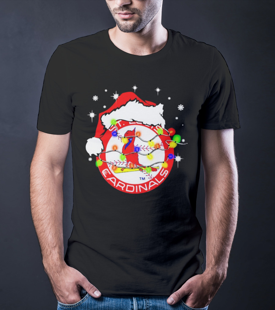 Santa Hat St. Louis Cardinals Christmas Lights Holiday T-Shirt