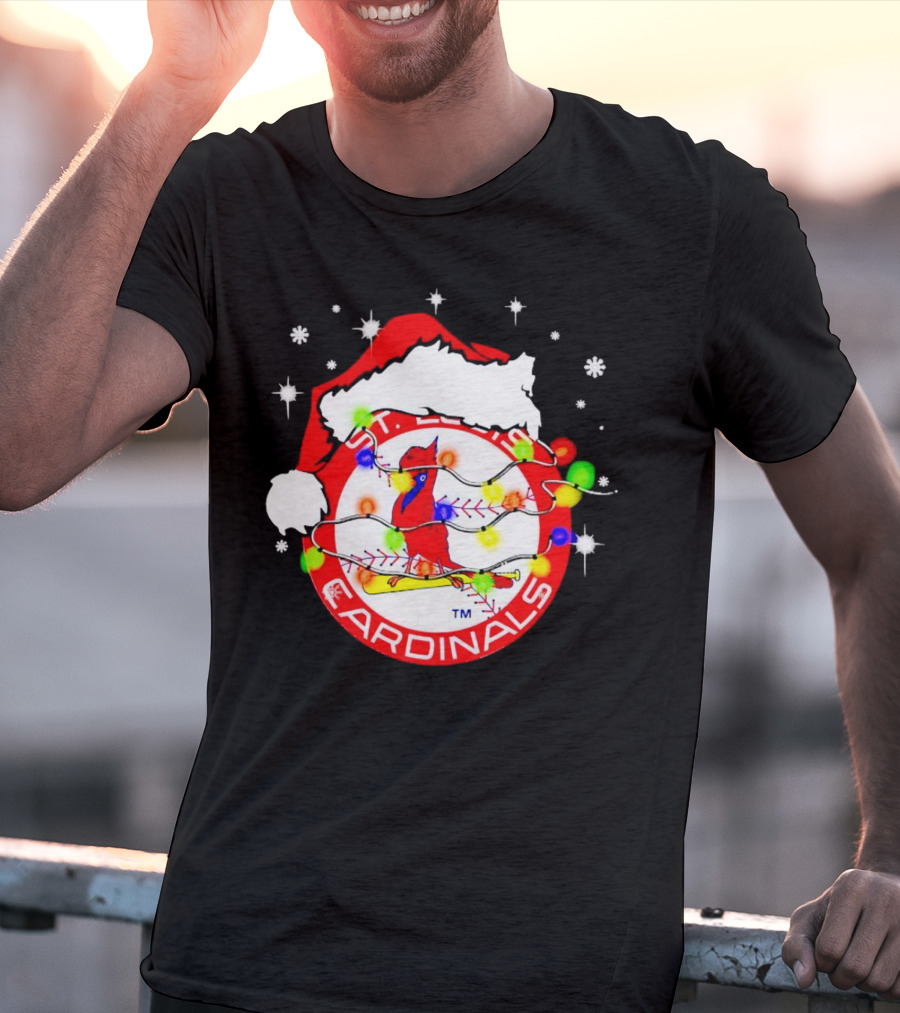 Santa Hat St. Louis Cardinals Christmas Lights Holiday T-Shirt