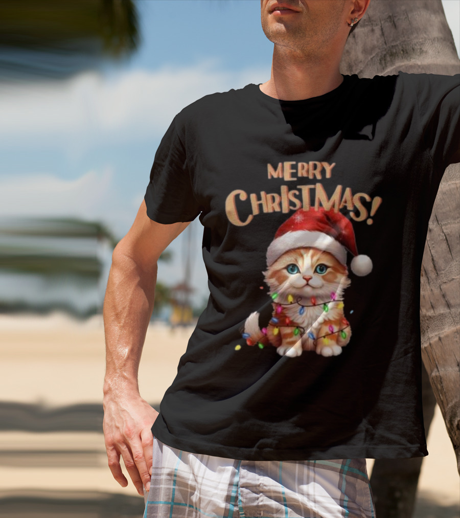 Merry Christmas Cat Santa With Lights T-Shirt