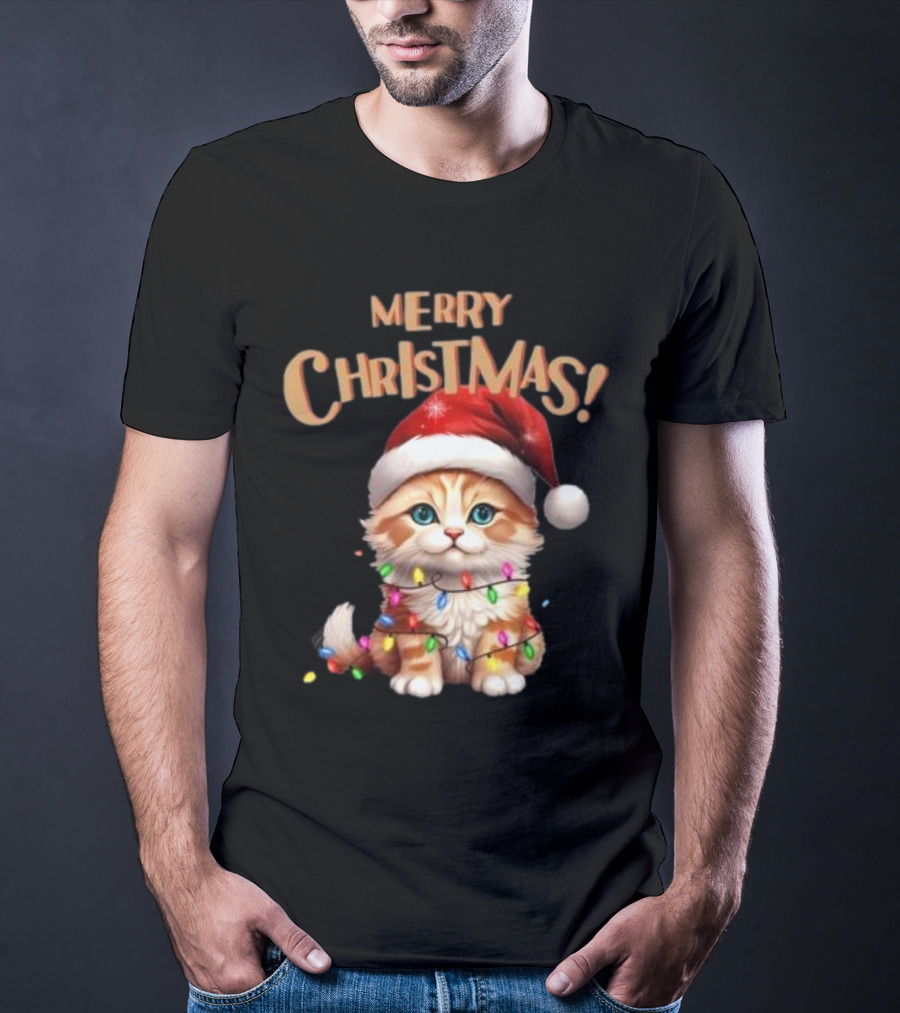 Merry Christmas Cat Santa With Lights T-Shirt