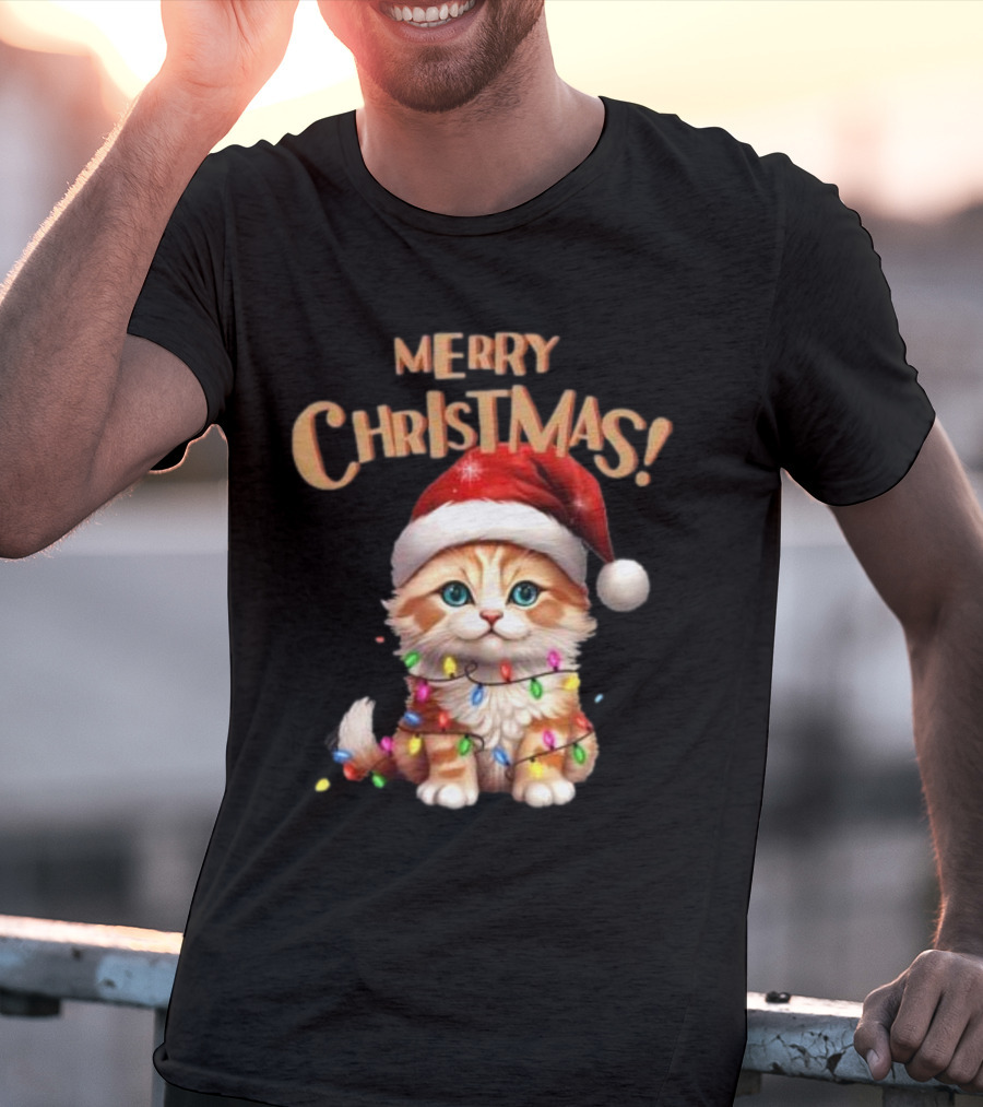 Merry Christmas Cat Santa With Lights T-Shirt