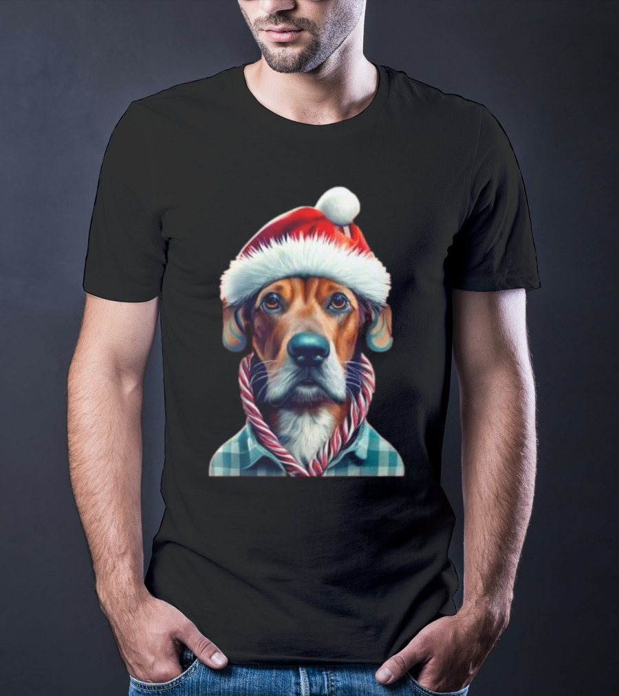 Dog In Santa Hat With Candy Cane Scarf Christmas T-Shirt