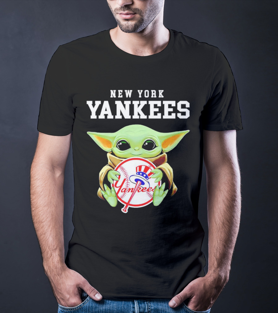 New York Yankees Baby Yoda Holding Team Baseball Emblem T-Shirt