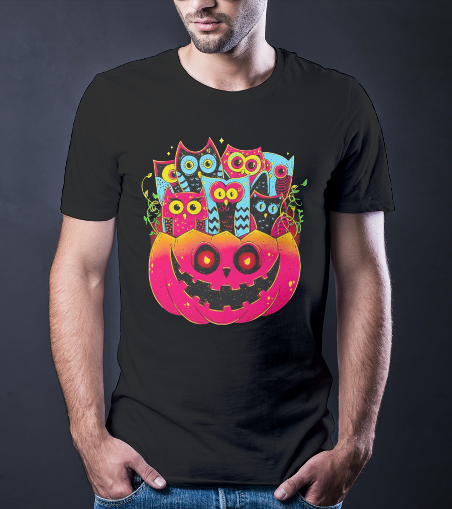 Neon Owls In Jack-o'-Lantern Halloween Party T-Shirt