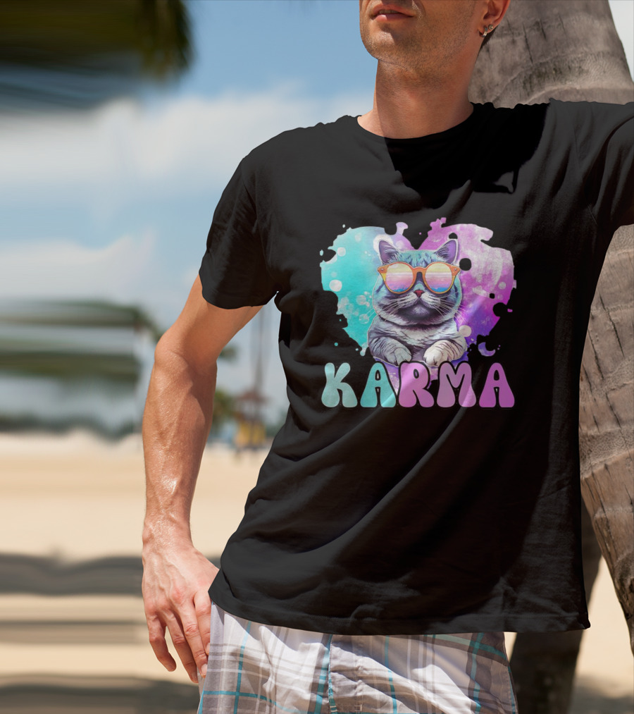 Karma Cat In Sunglasses With Heart-Shaped Watercolor Background T-Shirt