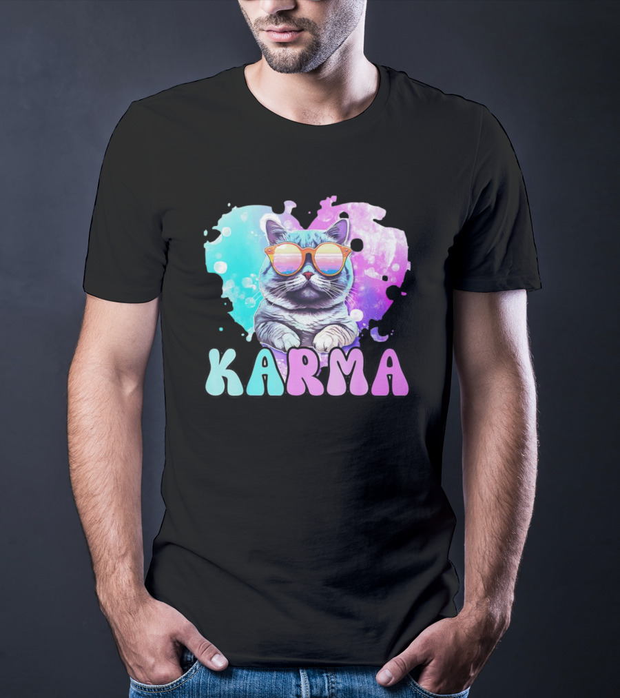 Karma Cat In Sunglasses With Heart-Shaped Watercolor Background T-Shirt