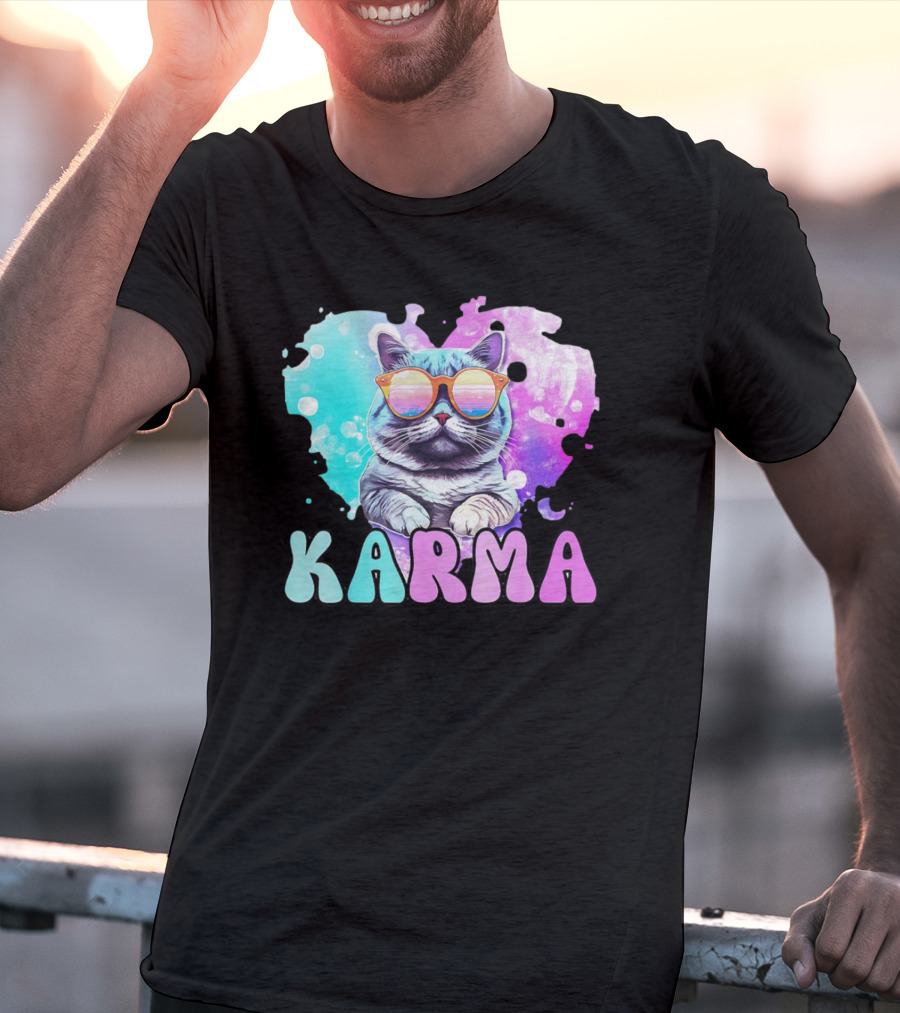Karma Cat In Sunglasses With Heart-Shaped Watercolor Background T-Shirt