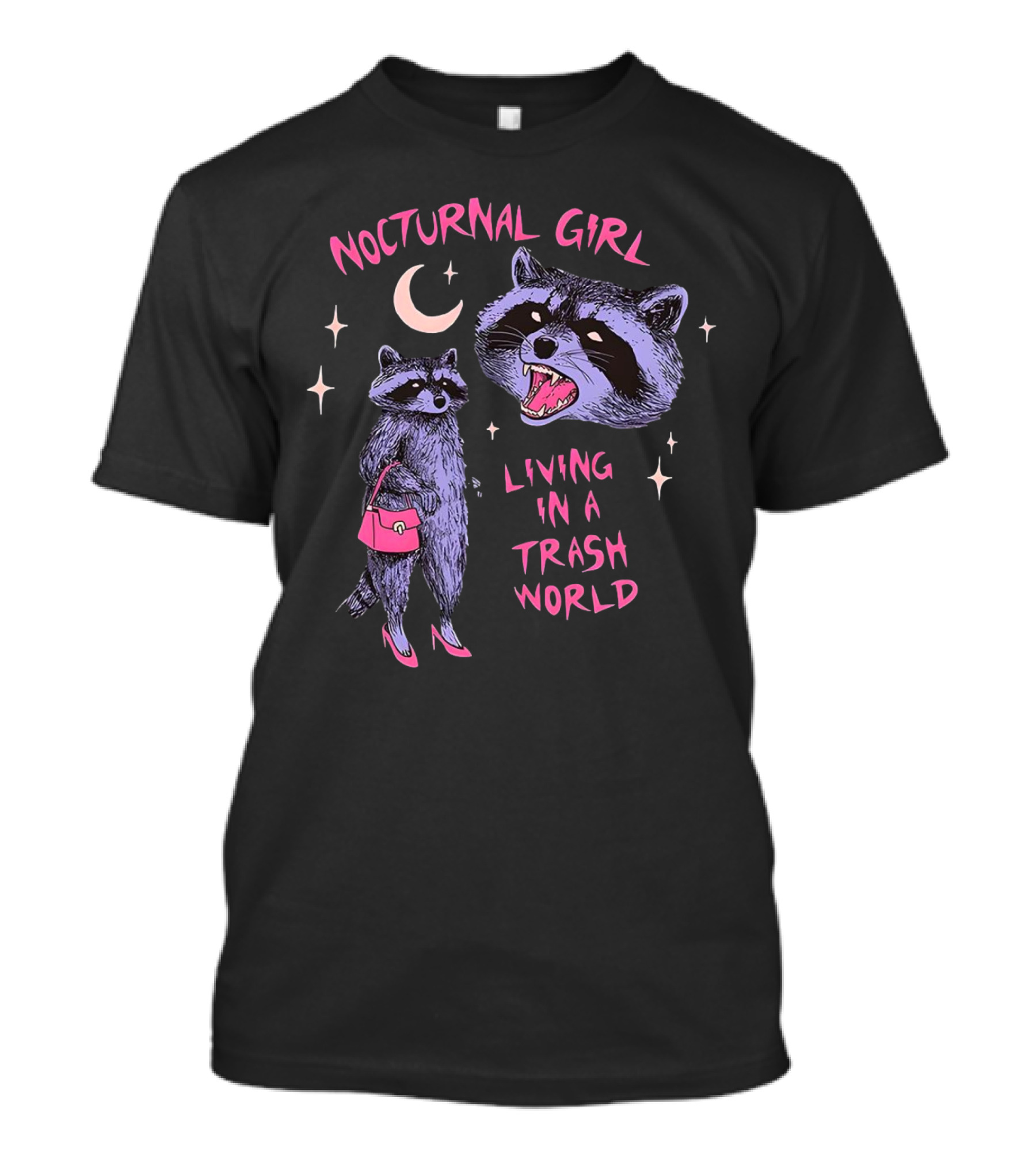 Nocturnal Girl Raccoon Living In A Trash World Under Moon And Stars T-Shirt