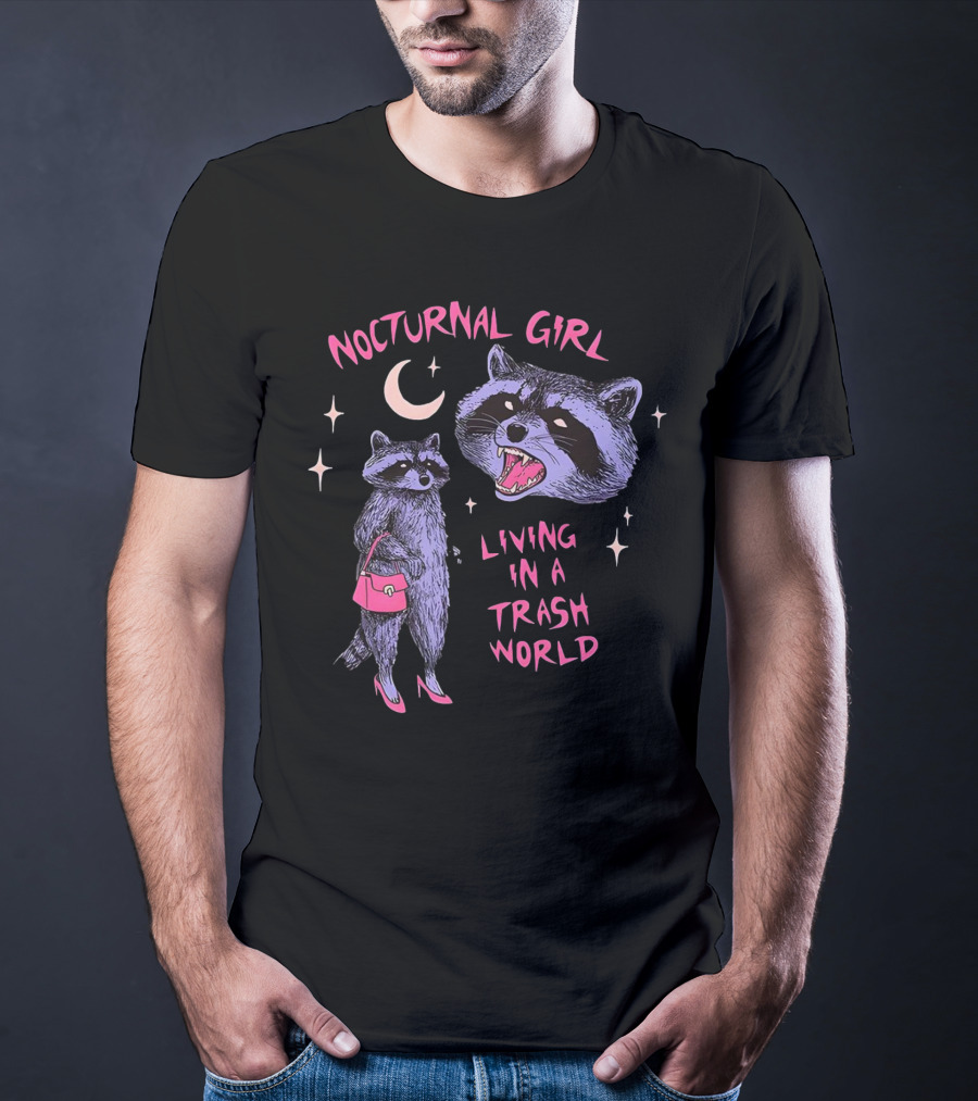 Nocturnal Girl Raccoon Living In A Trash World Under Moon And Stars T-Shirt