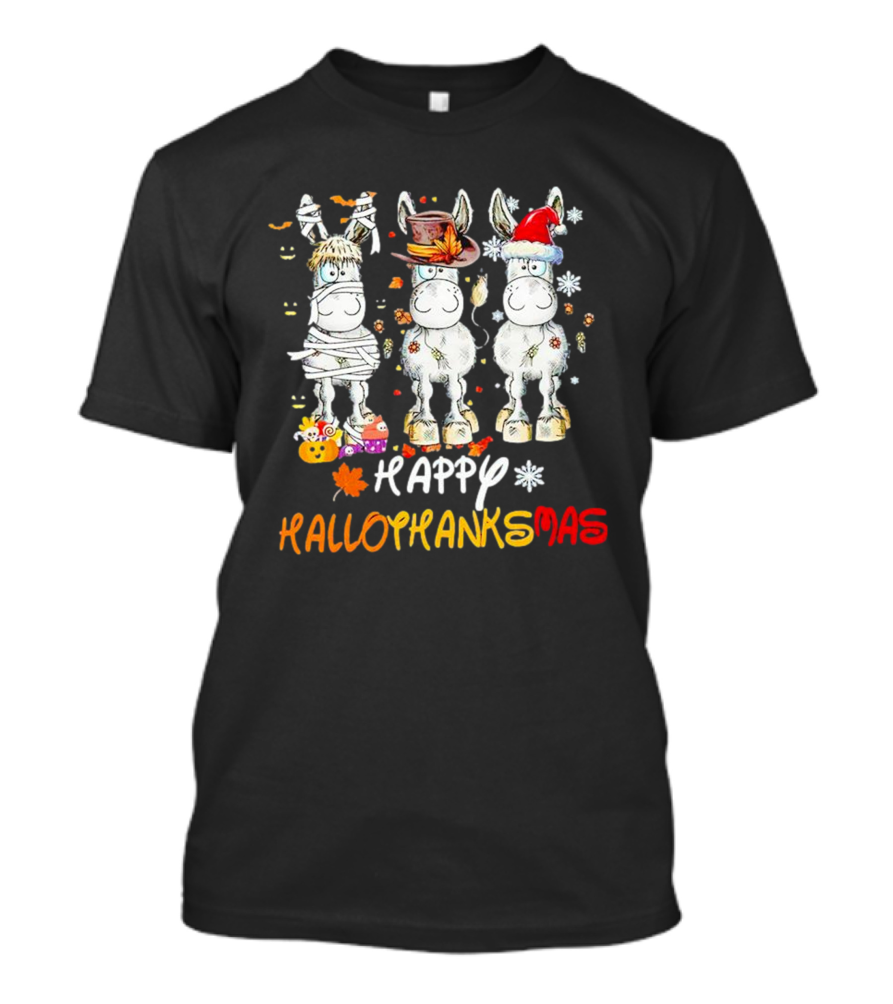 Happy Hallothanksmas Funny Horses Mummy Witch Santa Hats T-Shirt