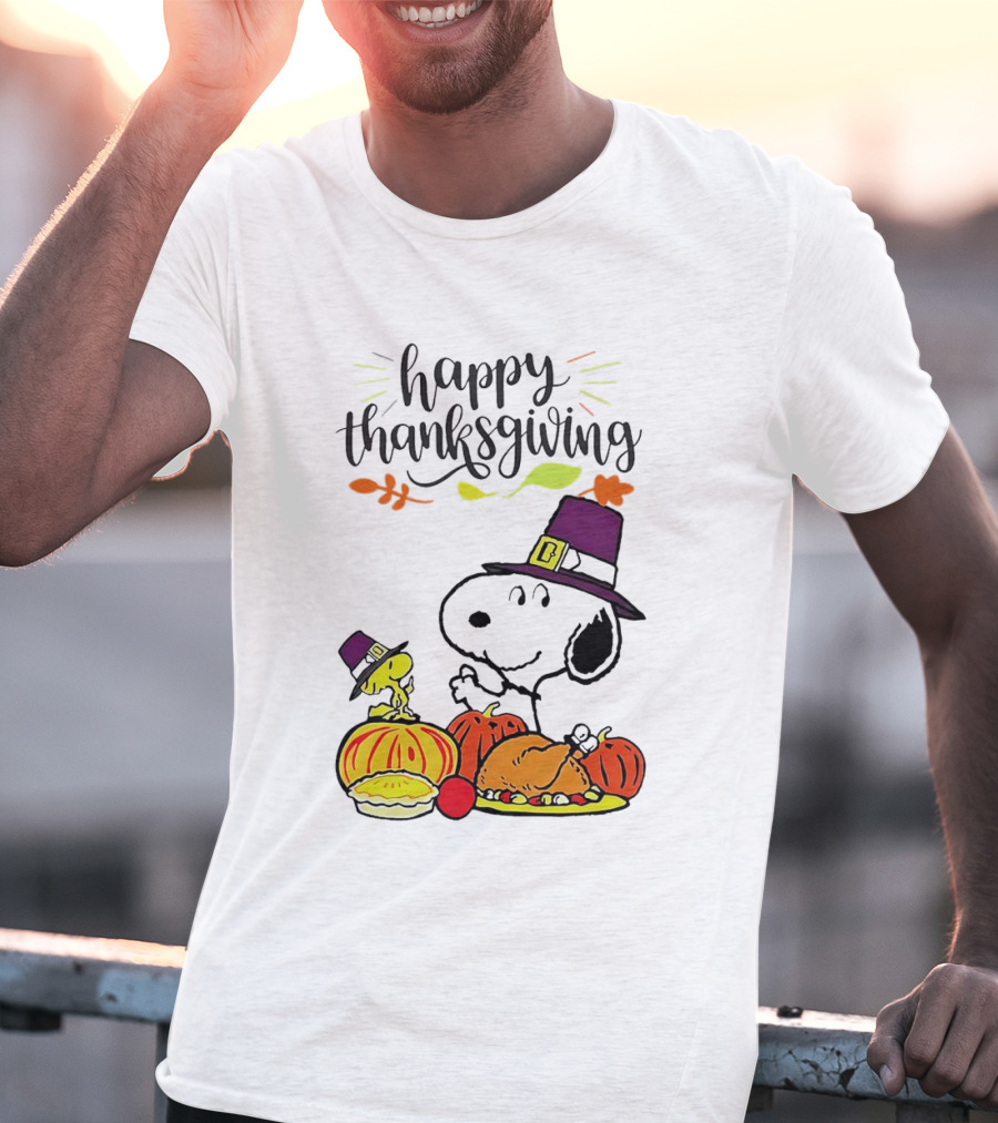 Thanksgiving Snoopy And Woodstock With Pilgrim Hats Feast T-Shirt
