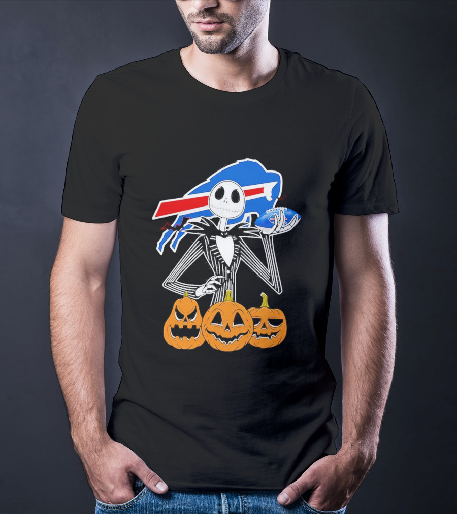 Buffalo Bills Jack Skellington Holding Football Halloween Pumpkins T-Shirt