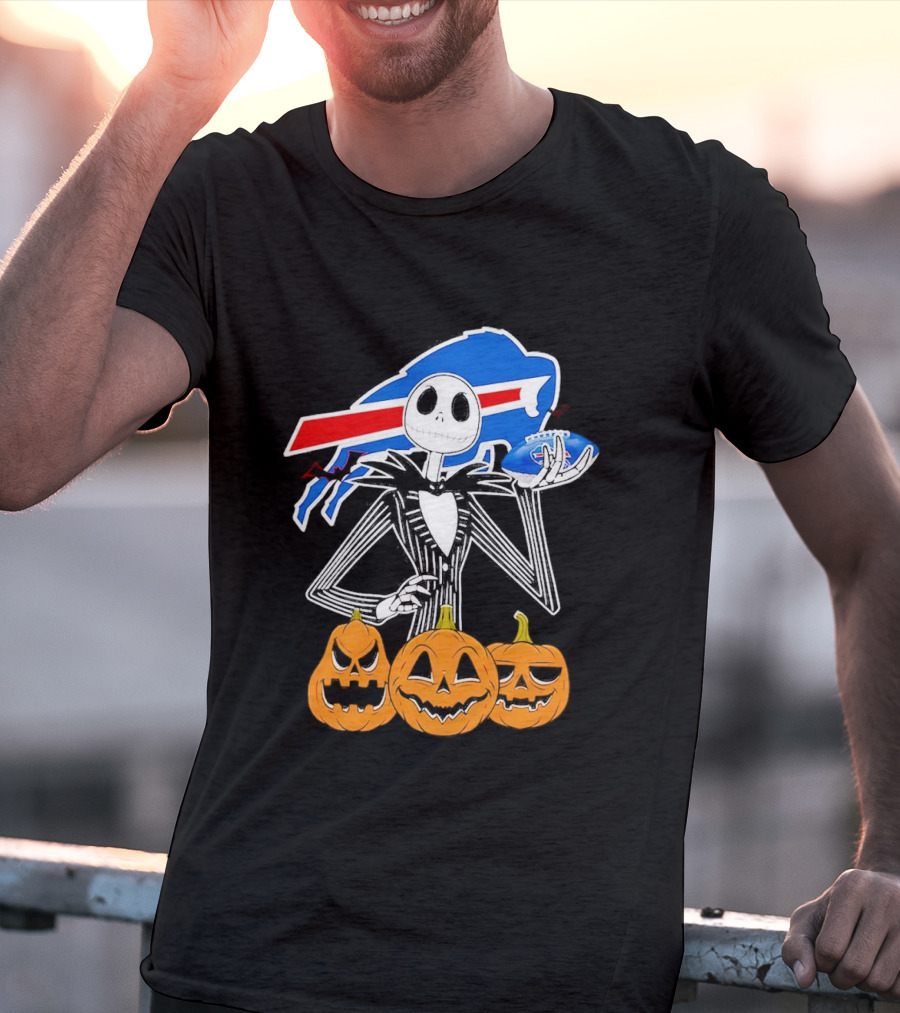 Buffalo Bills Jack Skellington Holding Football Halloween Pumpkins T-Shirt