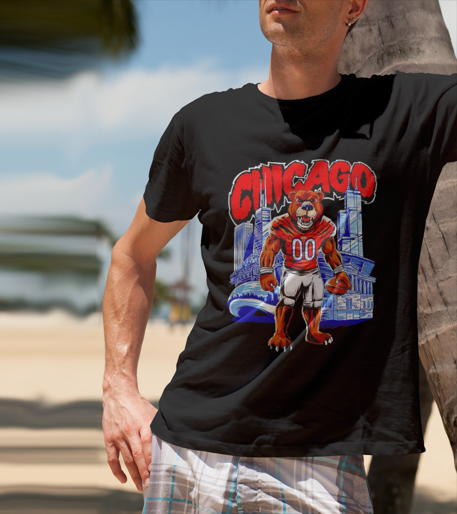 Chicago Bears Mascot Cartoon With City Skyline T-Shirt
