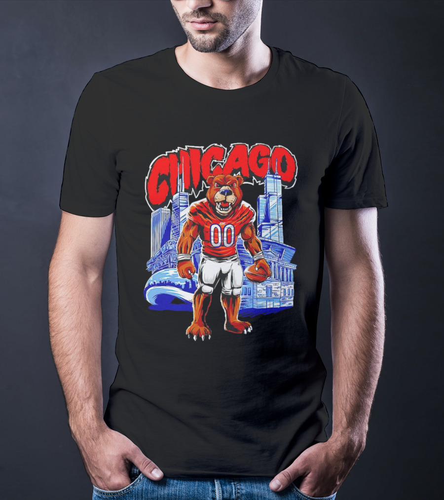 Chicago Bears Mascot Cartoon With City Skyline T-Shirt