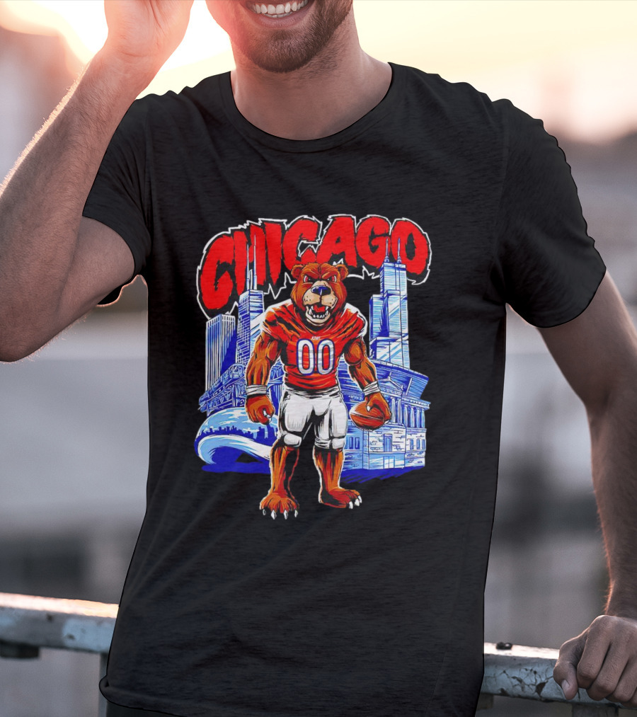 Chicago Bears Mascot Cartoon With City Skyline T-Shirt