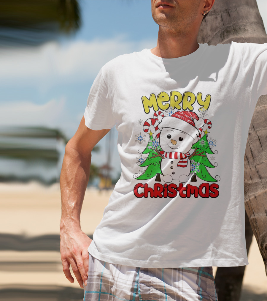 Merry Christmas Snowman With Candy Canes And Snowflakes T-Shirt