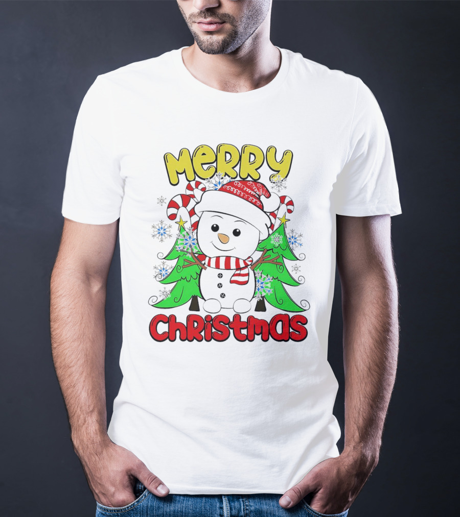 Merry Christmas Snowman With Candy Canes And Snowflakes T-Shirt